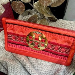 Tory Burch Reva Embroidered Leather Clutch